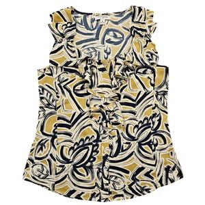 Banana Republic Mustard Navy Abstract Floral Ruffle V-Neck Sleeveless Blouse M